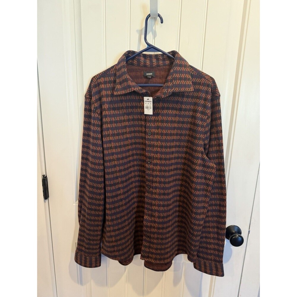 Express Men’s Shirt Jacket Large NWT Geometric Print Rust Black Stretch Shacket